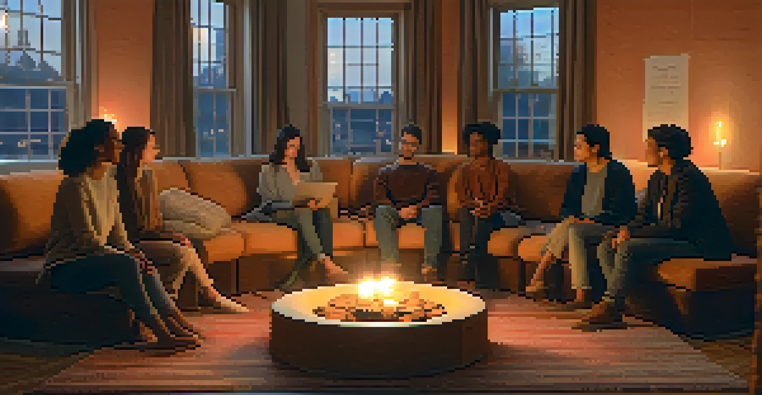 Participants sitting in a circle on cushions in a cozy indoor space, sharing experiences with warm lighting and meaningful decorations.