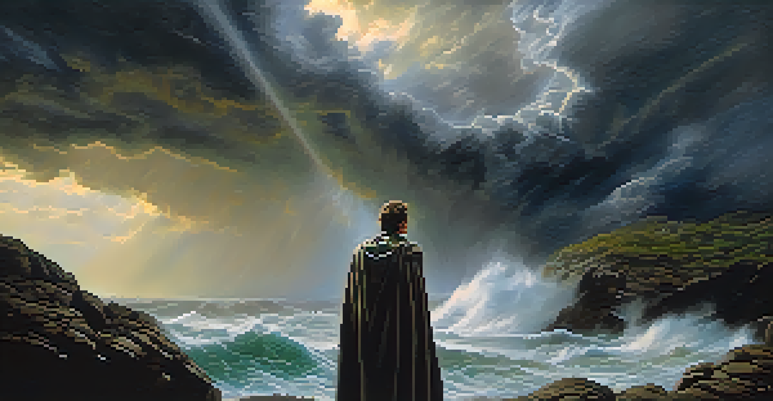 A hero standing on a rocky cliff facing a storm, with windswept hair and a determined look, as light breaks through dark clouds above.