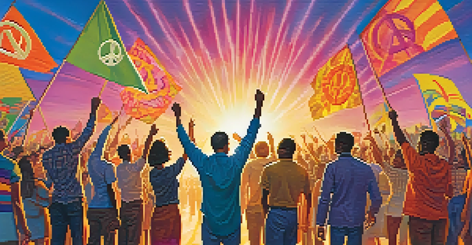 A 1960s protest scene with diverse individuals holding peace banners and signs, set against a colorful psychedelic background with a warm sunset.