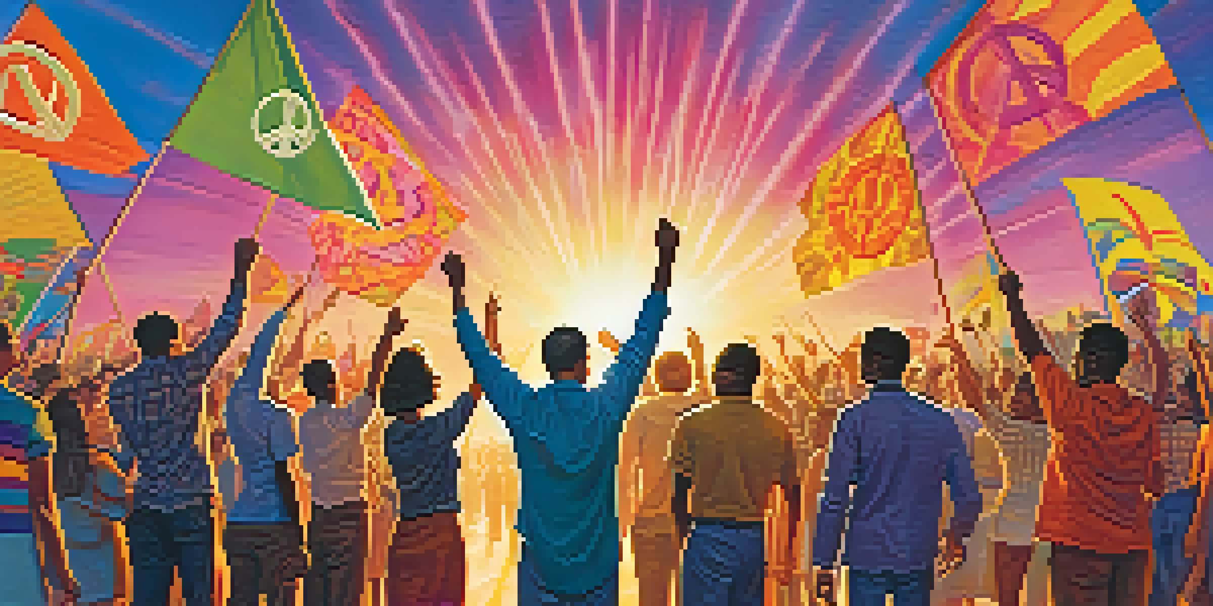 A 1960s protest scene with diverse individuals holding peace banners and signs, set against a colorful psychedelic background with a warm sunset.
