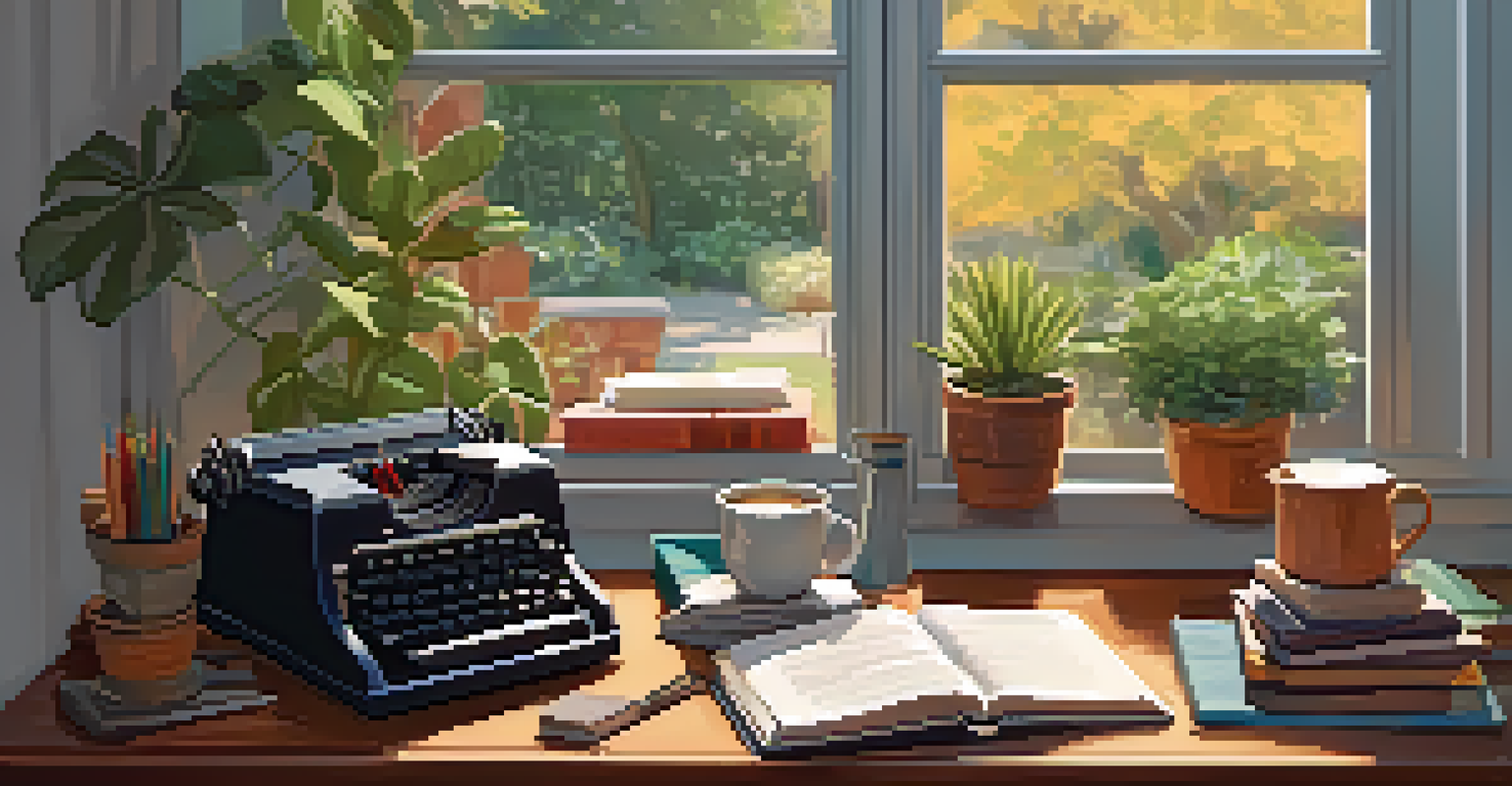 A cozy writing nook with a window view of a garden, featuring a wooden desk, books, tea, and a vintage typewriter, all bathed in warm light.