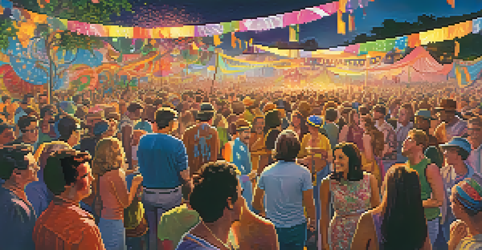 A vibrant outdoor music festival with a diverse crowd enjoying a concert, surrounded by colorful banners and art installations.
