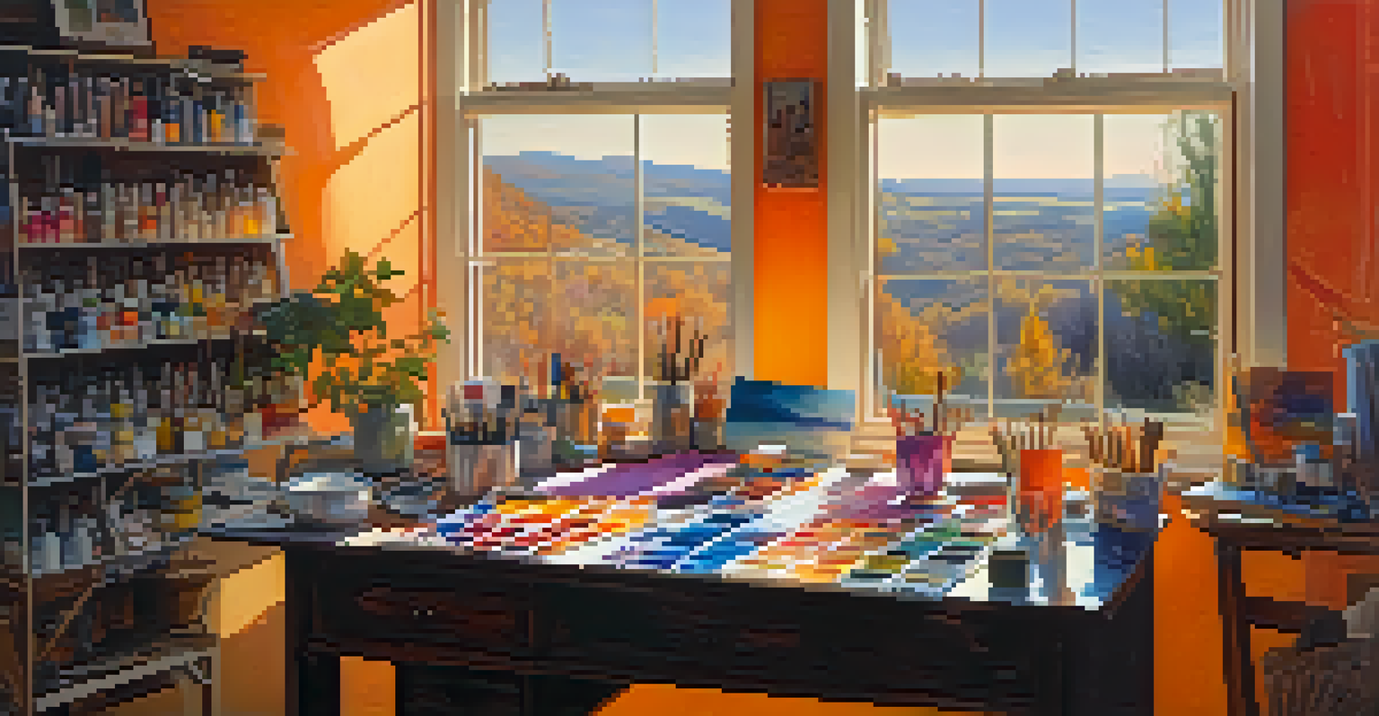 An artist's workspace with paints, brushes, and a half-finished sunset painting illuminated by natural light.