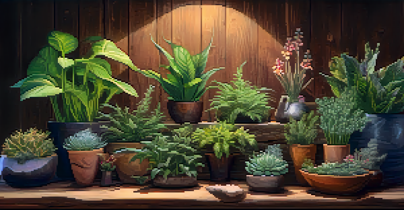 A wooden table showcasing different colorful entheogenic plants with labels, illuminated by warm light.