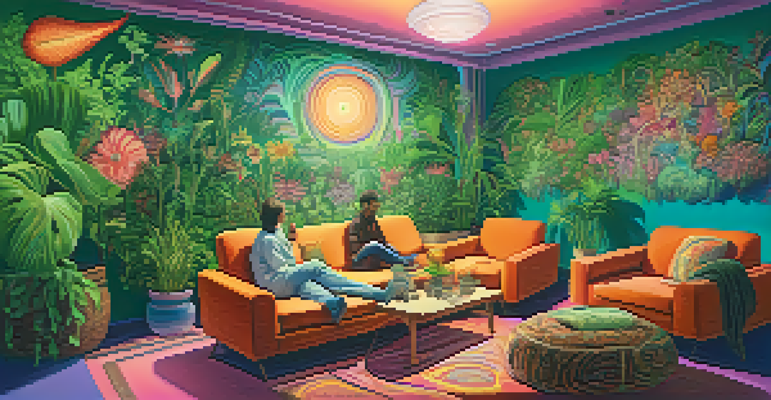 A cozy therapy room with a therapist guiding a participant, featuring plants and colorful, swirling visuals on the wall.