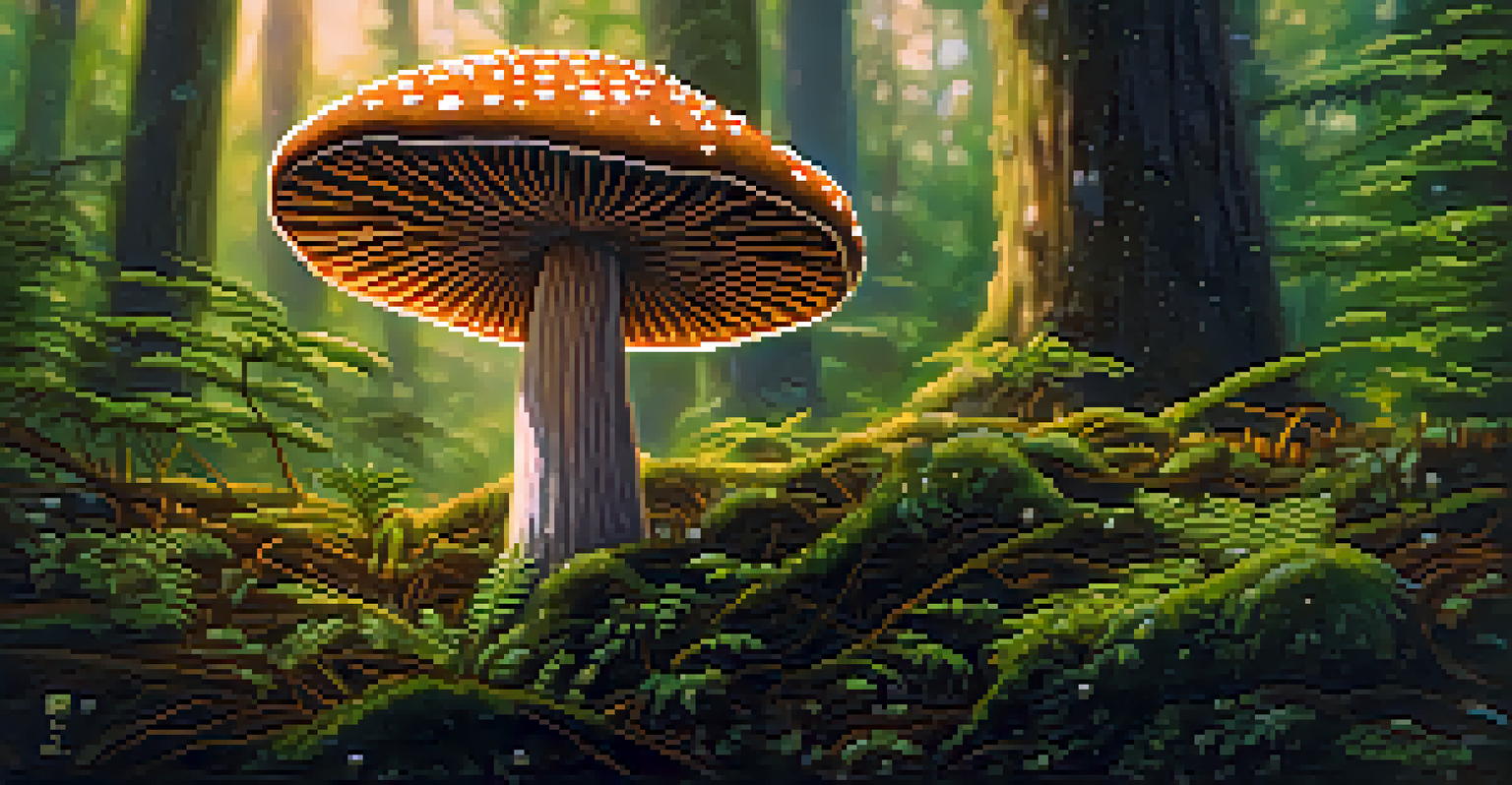 A close-up of a psilocybin mushroom in a lush forest with dew-kissed leaves.
