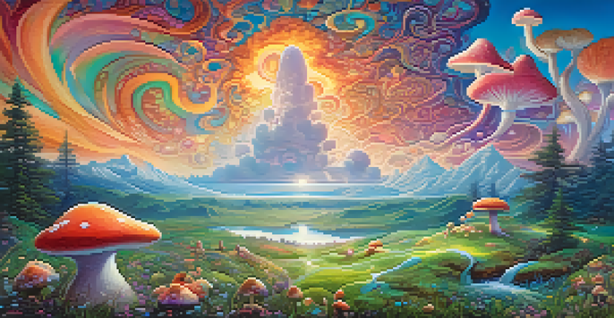 A character meditating in a colorful, surreal landscape with glowing mushrooms and swirling clouds.