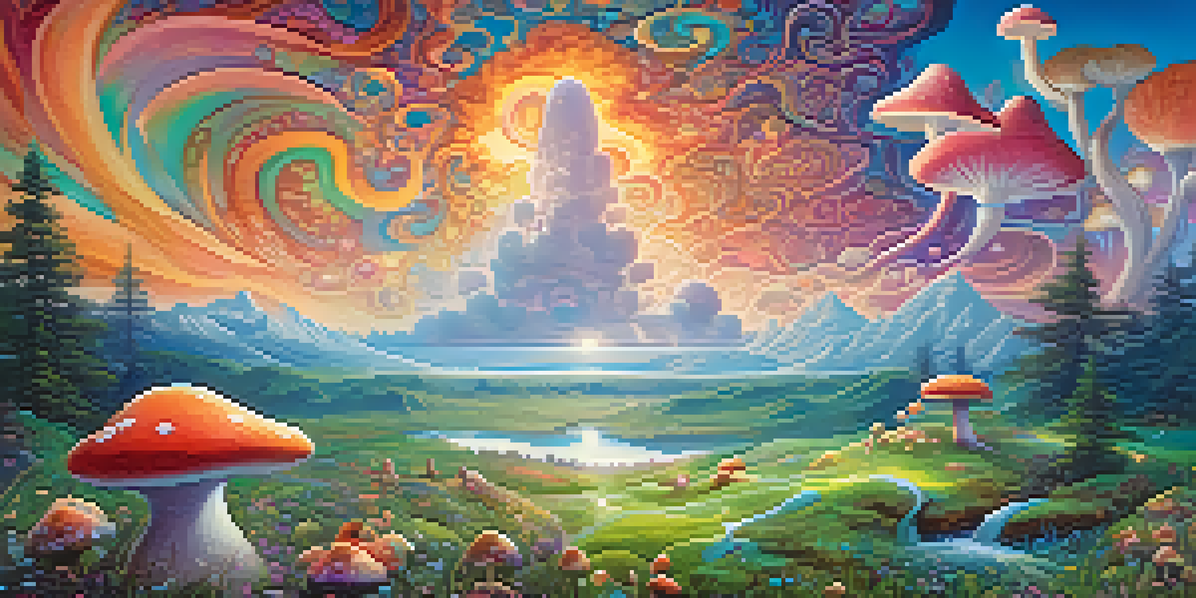 A character meditating in a colorful, surreal landscape with glowing mushrooms and swirling clouds.