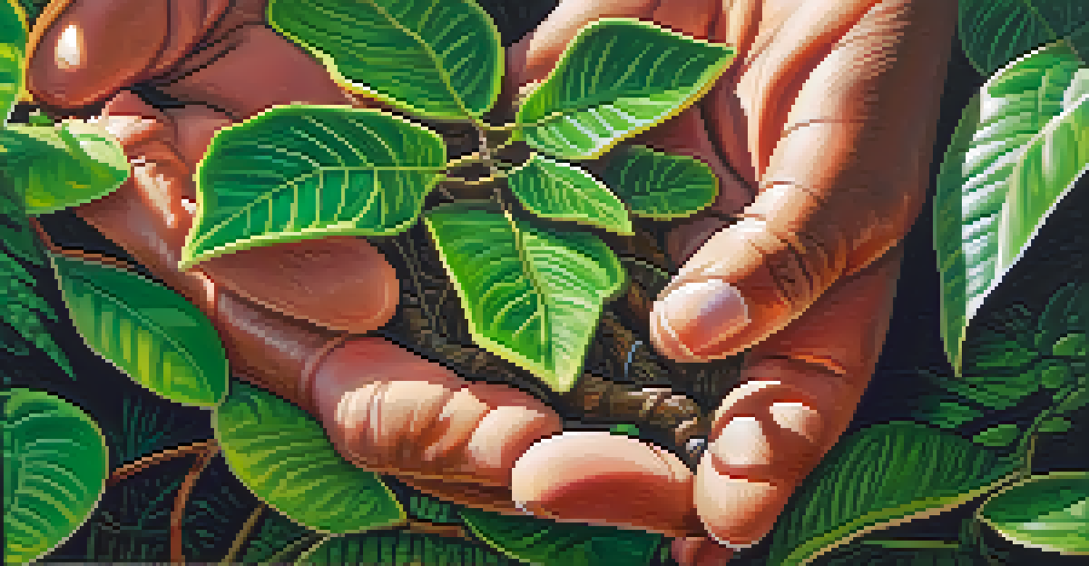 A hand holding an Ayahuasca vine amidst lush Amazon foliage with sunlight filtering through.
