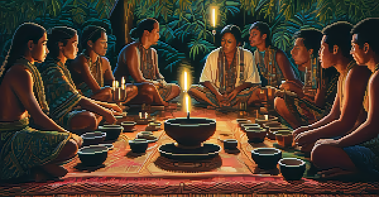 A close-up of an ayahuasca ceremony setting with woven textiles, ceremonial cups, and soft candlelight creating a warm atmosphere.