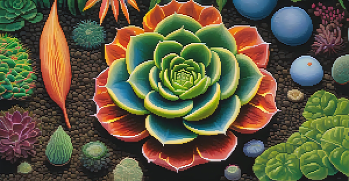 Close-up of colorful entheogenic plants like peyote and ayahuasca with rich textures, set in lush soil under soft sunlight.