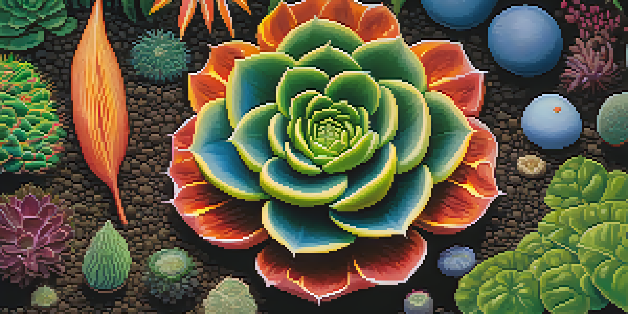 Close-up of colorful entheogenic plants like peyote and ayahuasca with rich textures, set in lush soil under soft sunlight.
