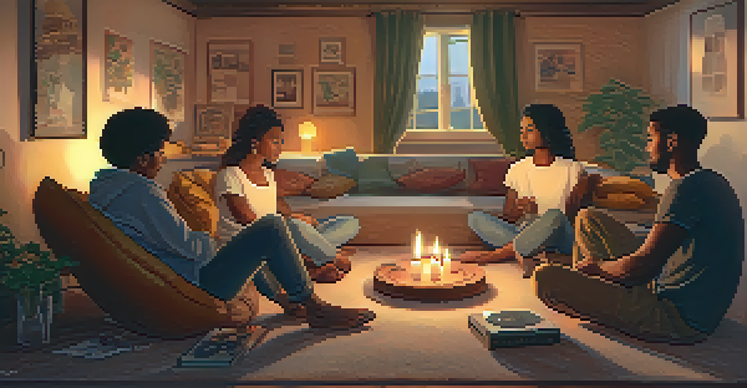 A warm indoor scene with friends sitting in a circle, surrounded by candles and musical instruments, sharing a deep conversation.