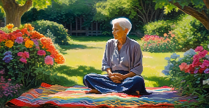 An elderly person meditating on a blanket in a flower-filled garden, surrounded by greenery and soft sunlight.