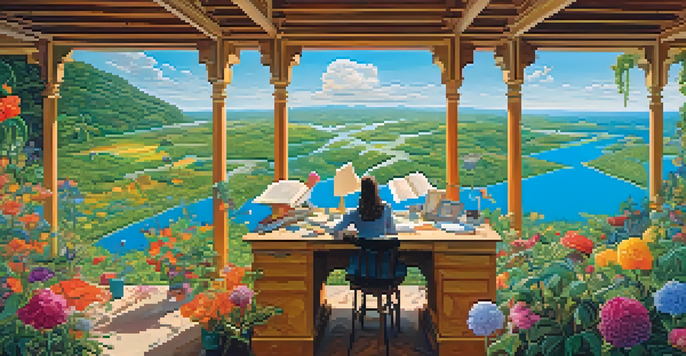A writer sits at a wooden desk in a vibrant, dreamlike landscape, surrounded by colorful flowers and floating abstract symbols, representing creativity.