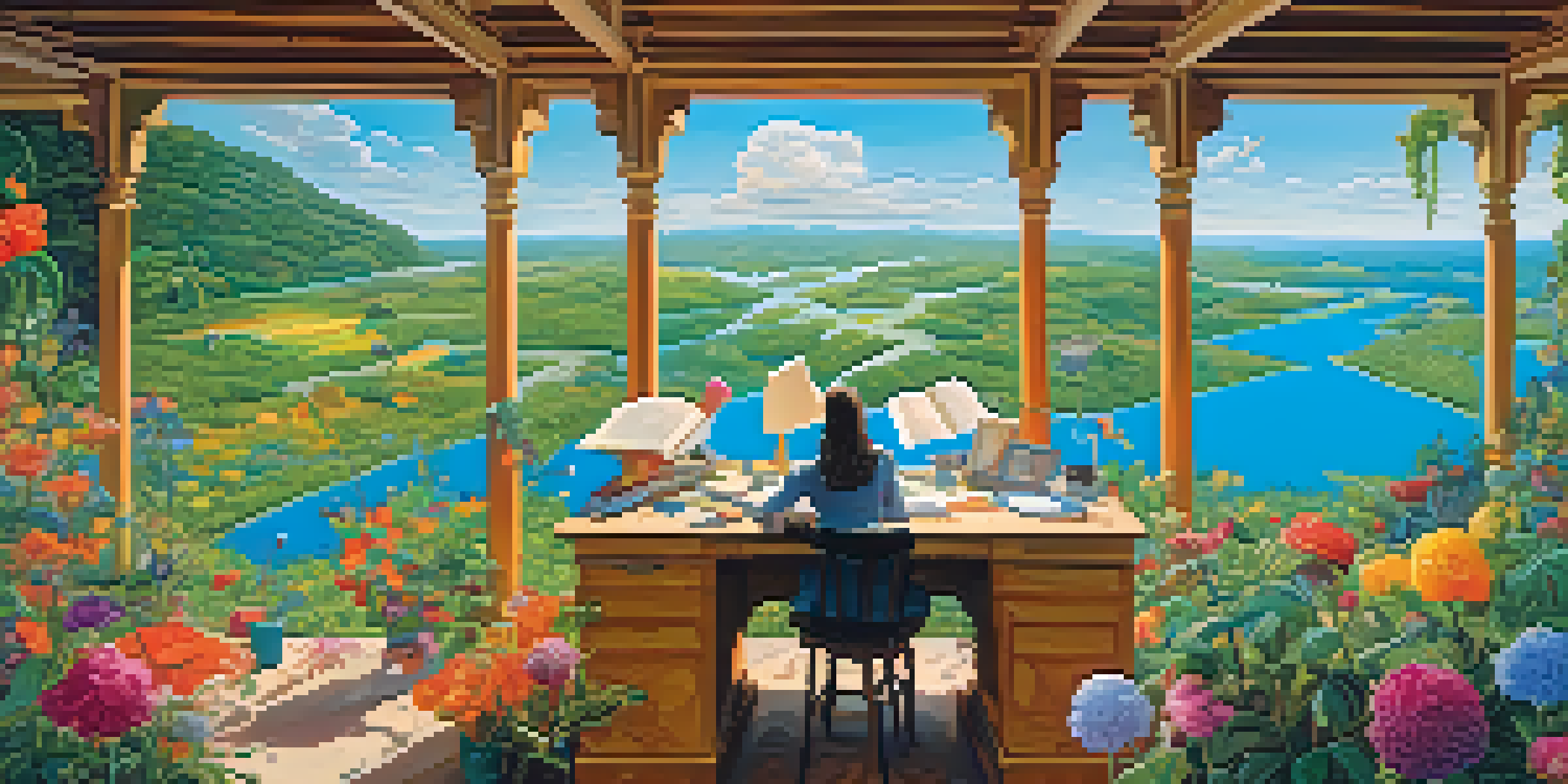 A writer sits at a wooden desk in a vibrant, dreamlike landscape, surrounded by colorful flowers and floating abstract symbols, representing creativity.