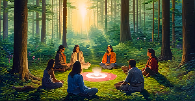 A peaceful forest at dawn with soft light, featuring a group of people in a circle participating in a peyote ceremony amidst colorful wildflowers.