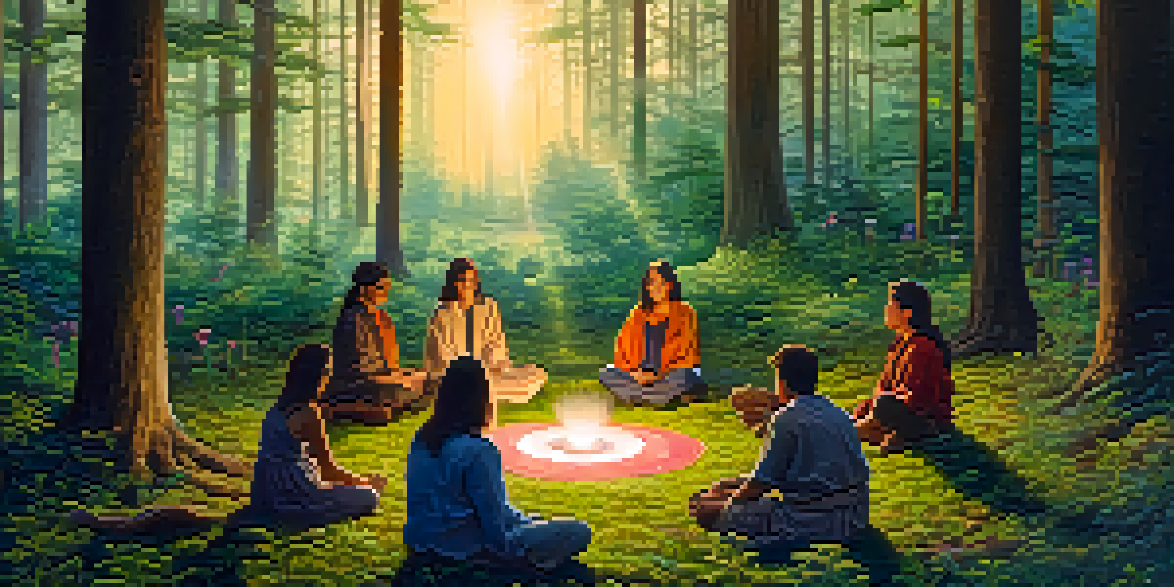 A peaceful forest at dawn with soft light, featuring a group of people in a circle participating in a peyote ceremony amidst colorful wildflowers.