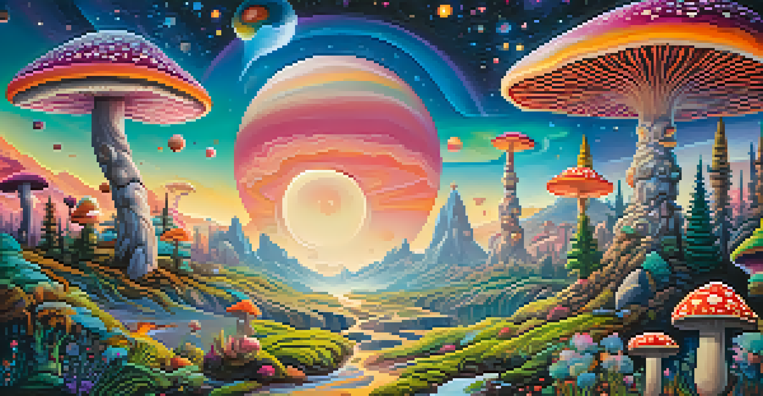 An abstract psychedelic landscape with swirling colors, oversized mushrooms, and a starry, luminous sky.