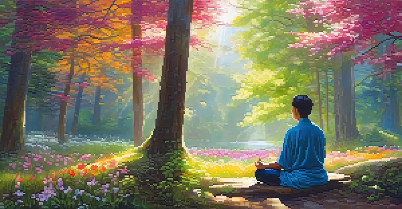 A tranquil forest scene with a meditating person surrounded by flowers and sunlight filtering through trees.