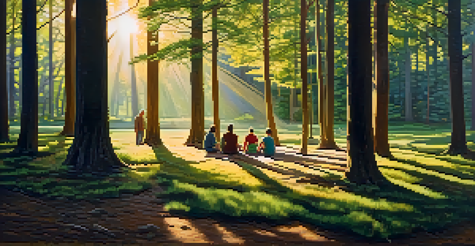 A sunny forest clearing with people sitting in a circle, surrounded by trees, creating a sense of community and connection.