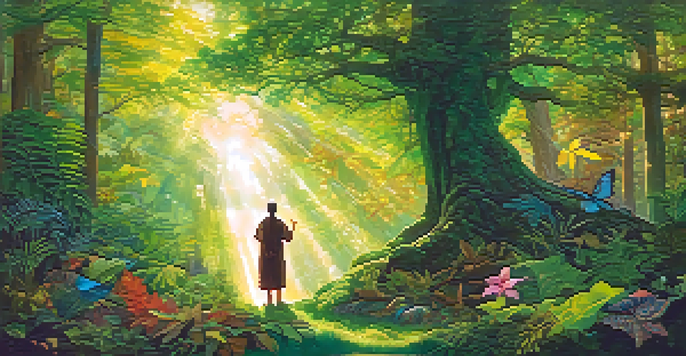 A shamanic figure in a lush green forest, surrounded by colorful symbols representing nature and spirituality, with sunlight filtering through the leaves.