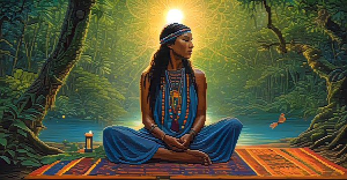 A shamanic practitioner in the Amazon rainforest at twilight, surrounded by lush greenery and glowing fireflies, wearing colorful ceremonial attire.