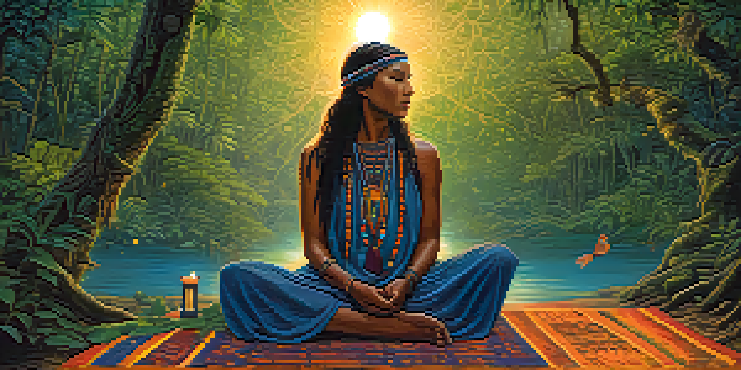 A shamanic practitioner in the Amazon rainforest at twilight, surrounded by lush greenery and glowing fireflies, wearing colorful ceremonial attire.