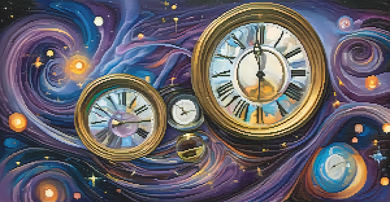 An abstract image of melting clocks and hourglasses in a cosmic background representing the fluidity of time.