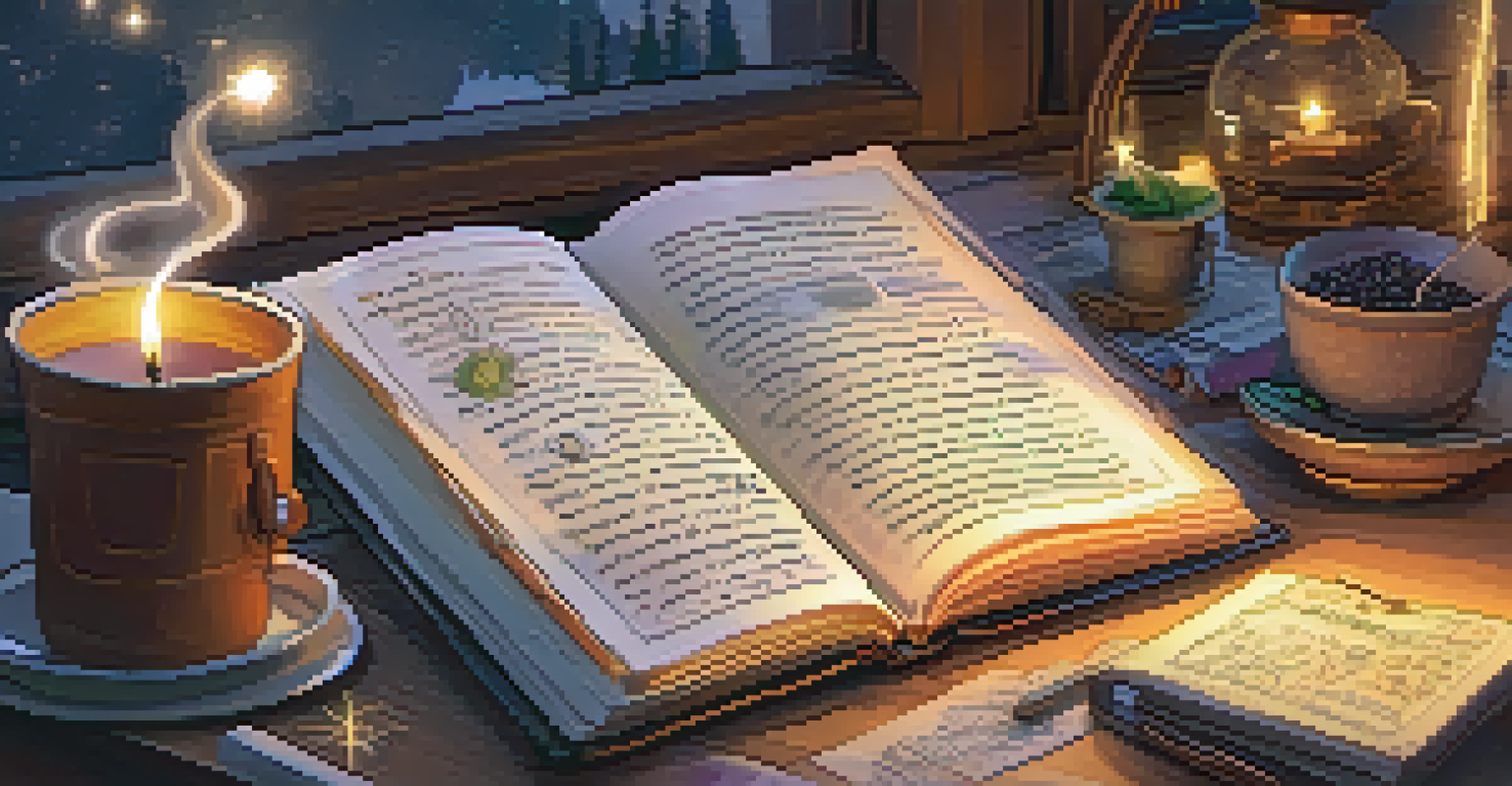 An open dream journal on a bedside table with colorful sketches and notes, surrounded by warm candlelight and a cup of herbal tea.