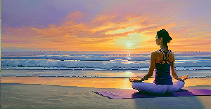 A person meditating on a beach at sunset, with vibrant colors in the sky and gentle waves lapping at the shore.