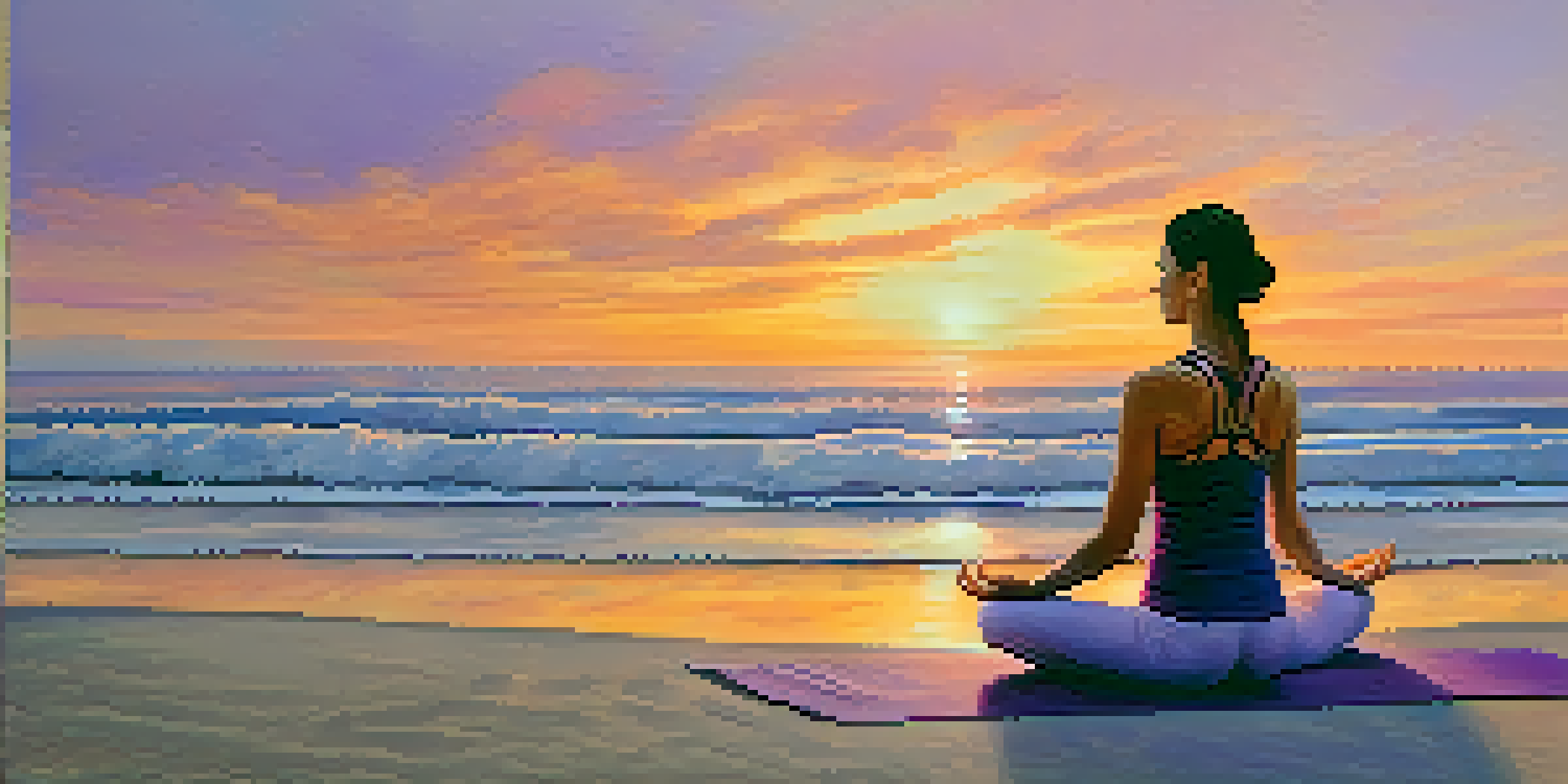 A person meditating on a beach at sunset, with vibrant colors in the sky and gentle waves lapping at the shore.