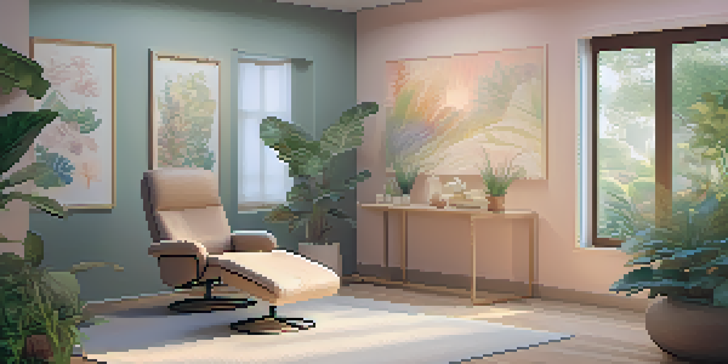 A serene therapy room with soft lighting, a recliner, plants, and calming artwork, designed for psychedelic therapy.