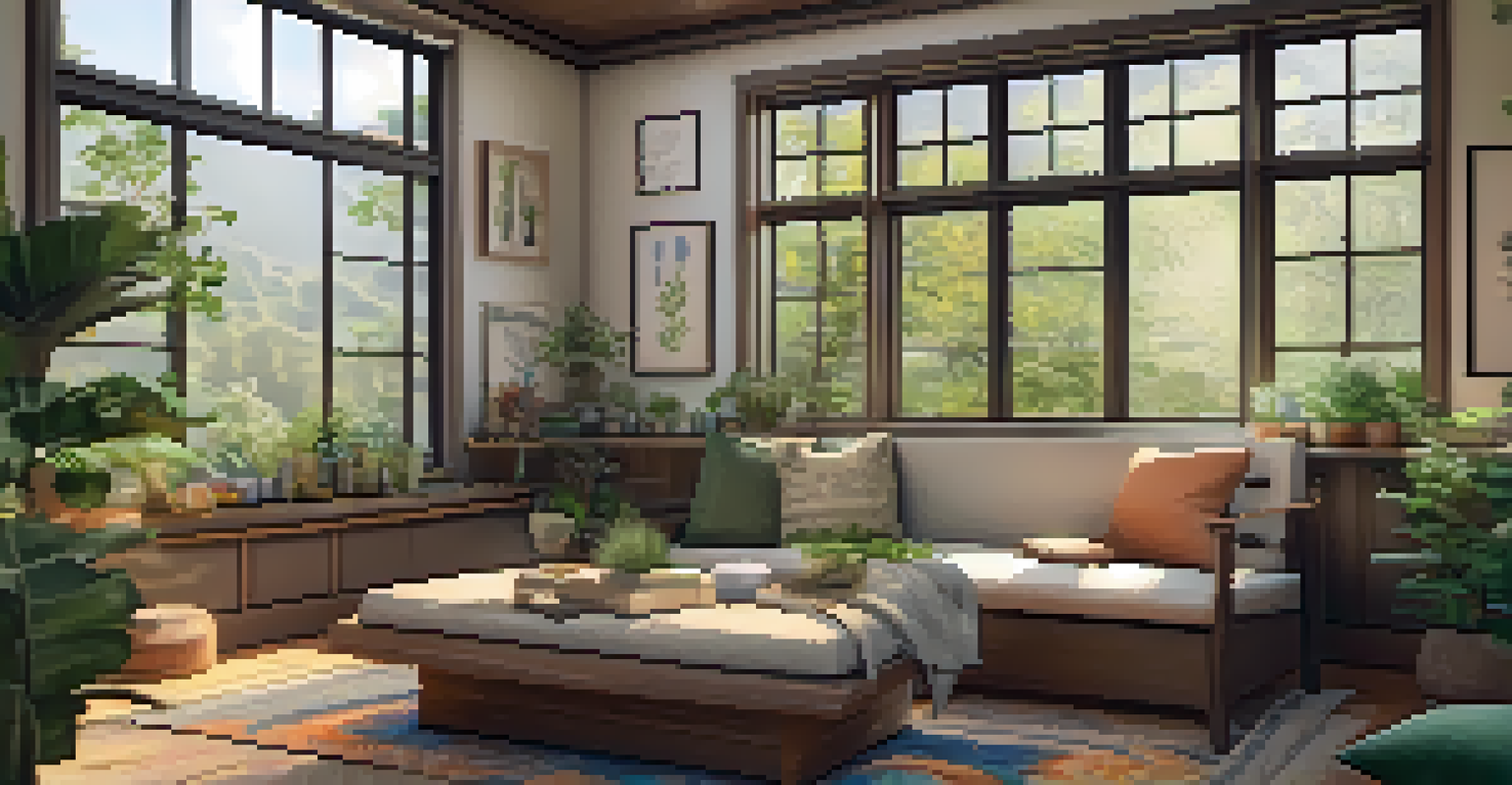 A cozy therapy room with comfortable seating, warm lighting, and nature-inspired decor, designed for guided entheogen sessions.