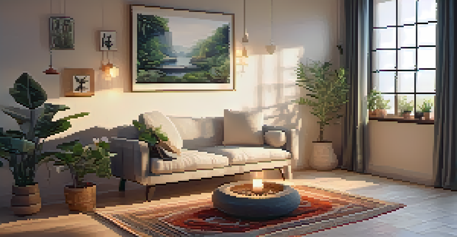 A tranquil indoor meditation space with a rug, candles, plants, and a cushion for seating.