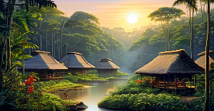 A peaceful Amazon rainforest with a small indigenous village preparing for an ayahuasca ceremony, bathed in soft golden dawn light.