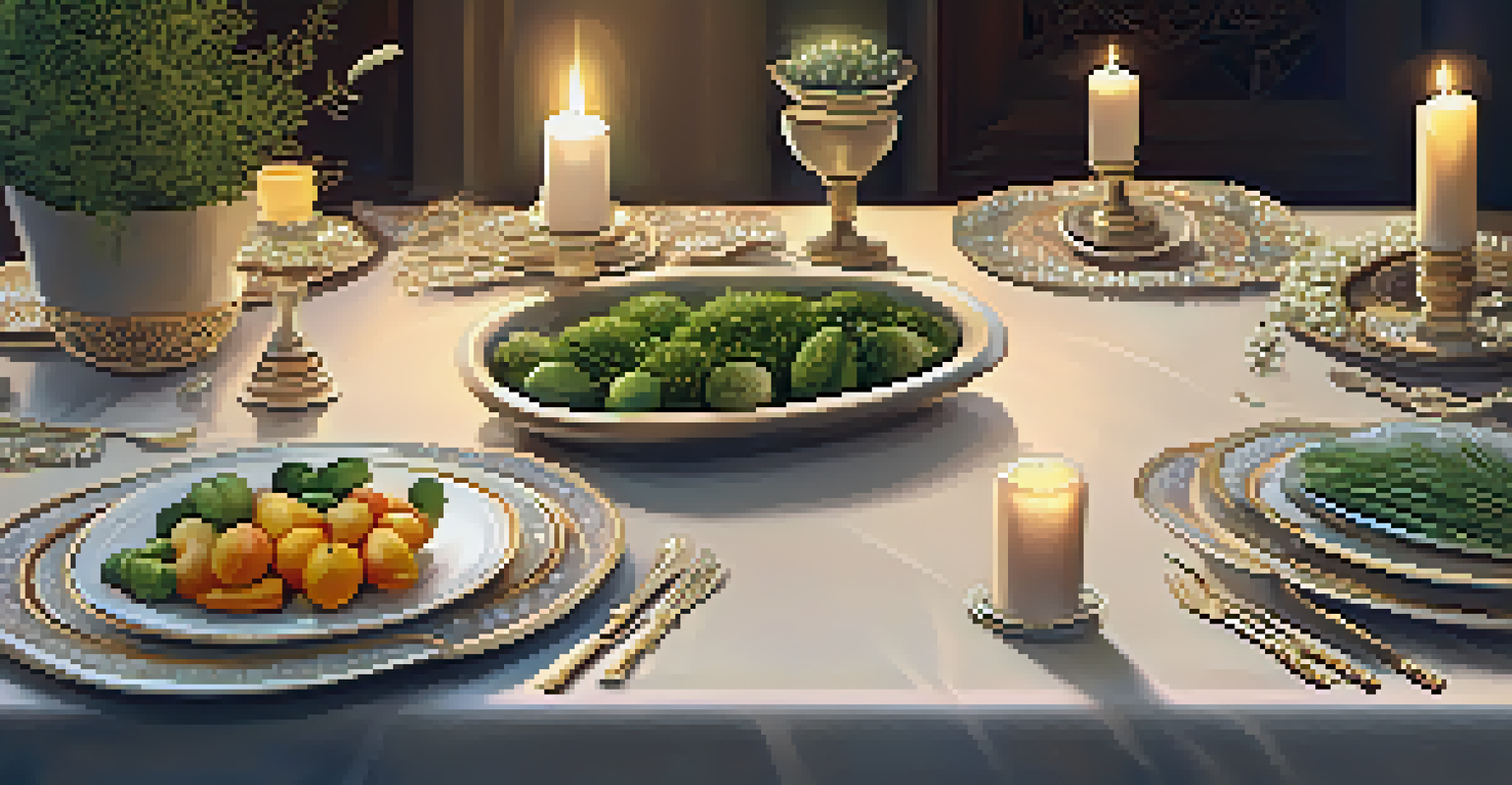 A close-up of a table set for a spiritual gathering with crystals, candles, and herbs.