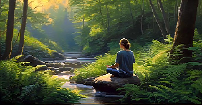 A peaceful forest at dawn with a person meditating by a stream, surrounded by greenery and flowers.