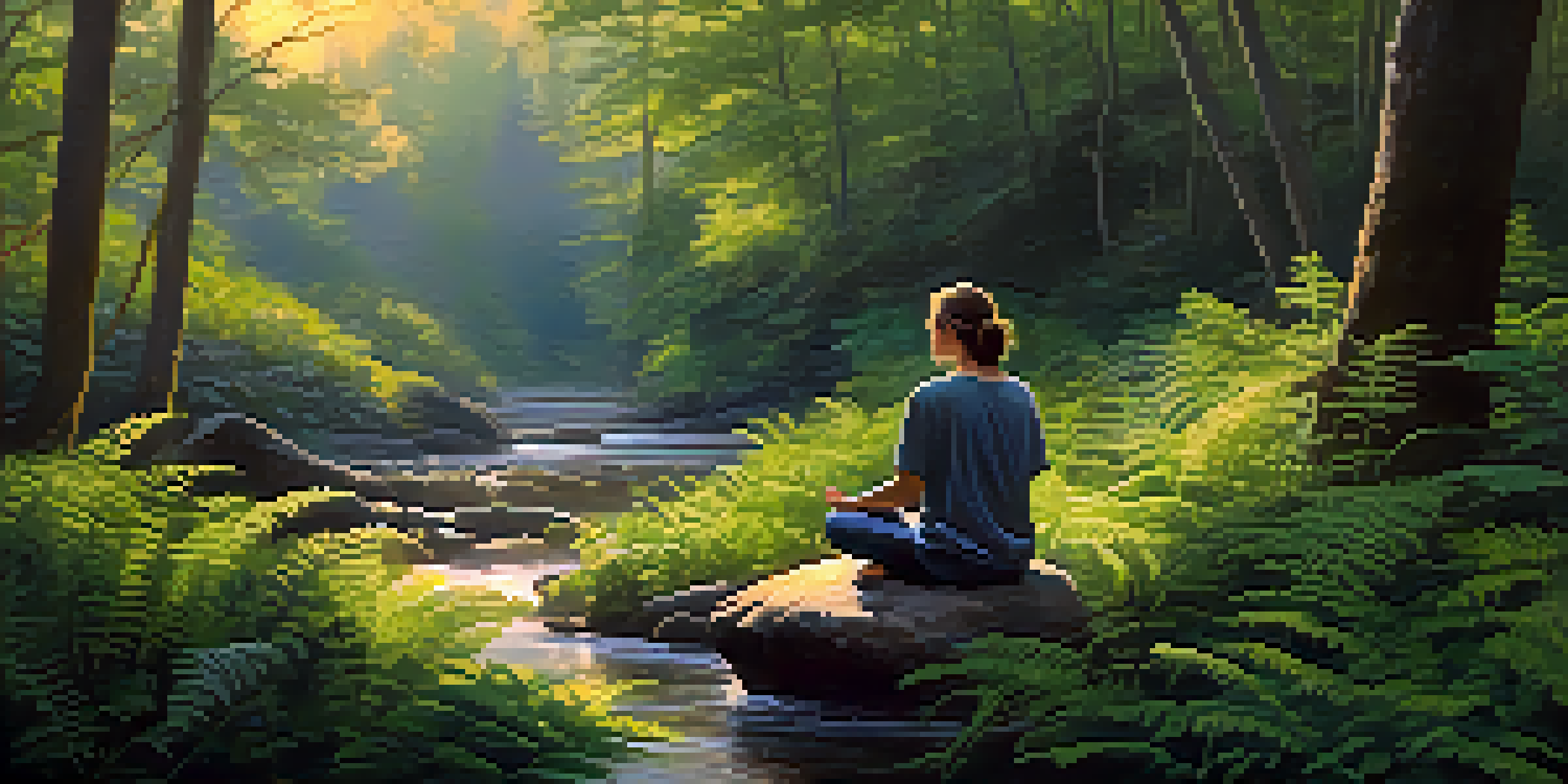 A peaceful forest at dawn with a person meditating by a stream, surrounded by greenery and flowers.