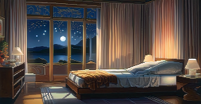 A peaceful bedroom scene with a person dreaming, illuminated by moonlight, featuring soft shadows and abstract dream imagery above.