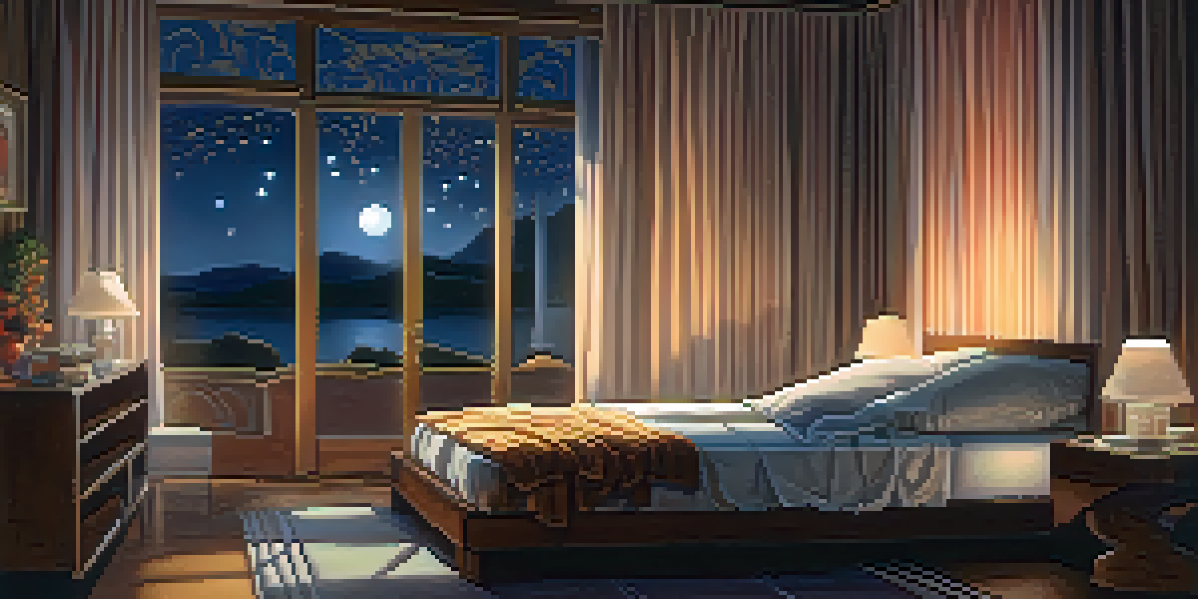 A peaceful bedroom scene with a person dreaming, illuminated by moonlight, featuring soft shadows and abstract dream imagery above.
