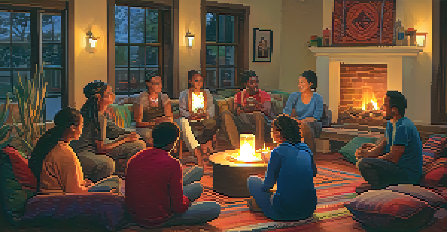 A candle-lit room full of people sharing stories around a fire pit, creating a warm and inviting atmosphere.