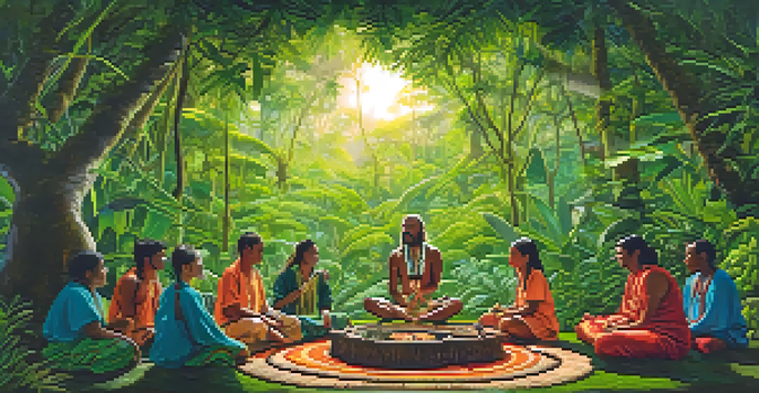 An indigenous shaman leading an ayahuasca ceremony in a lush Amazon rainforest, with participants in traditional clothing seated in a circle, surrounded by vibrant foliage and sunlight.