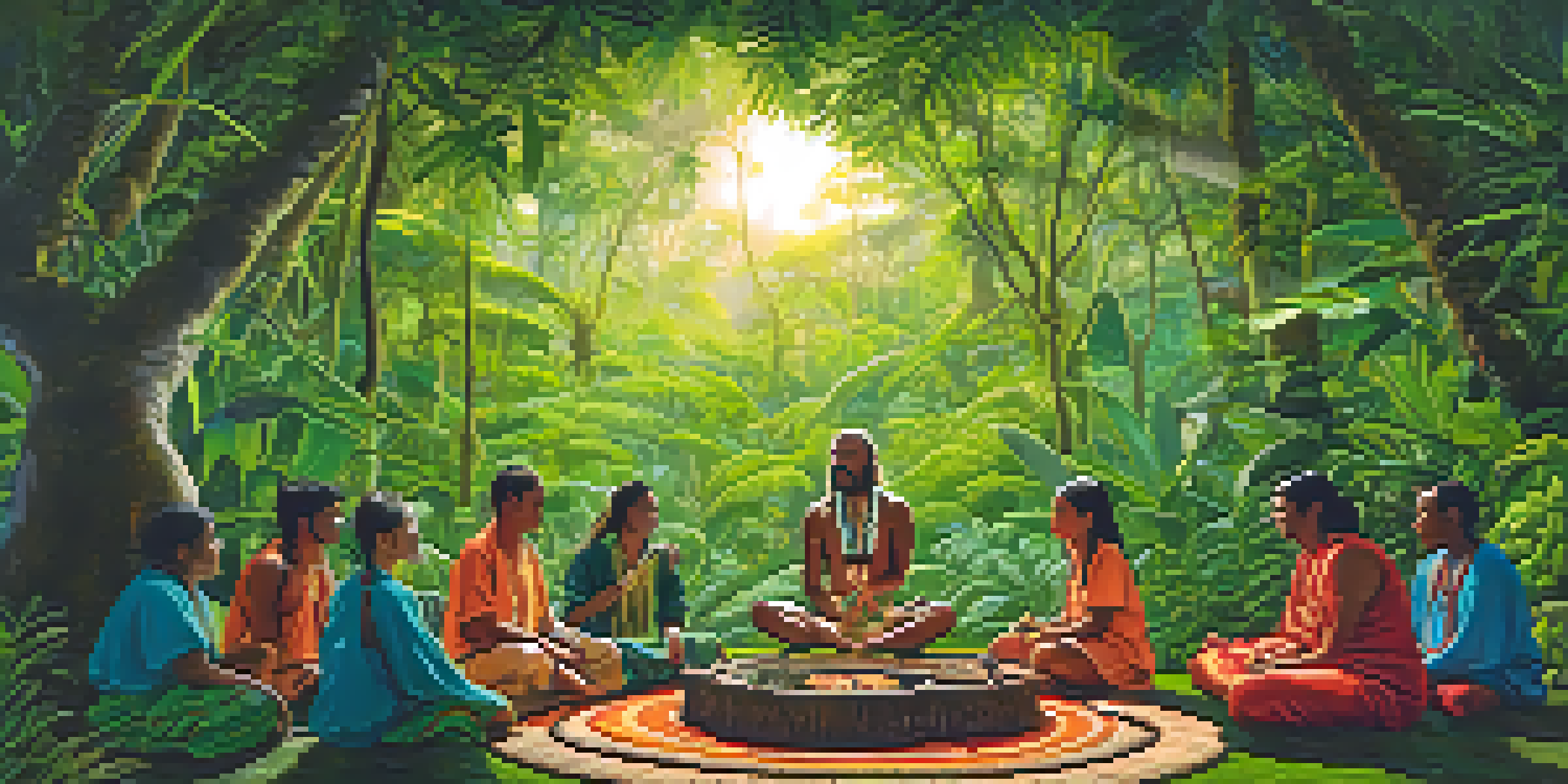 An indigenous shaman leading an ayahuasca ceremony in a lush Amazon rainforest, with participants in traditional clothing seated in a circle, surrounded by vibrant foliage and sunlight.