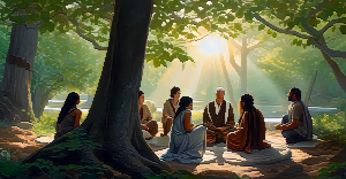 A diverse group of individuals in a forest at dawn, participating in a communal ritual with natural elements, surrounded by soft sunlight filtering through trees.