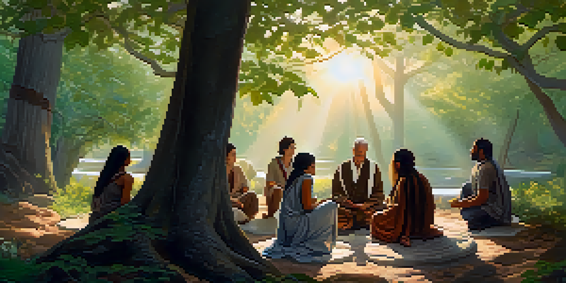 A diverse group of individuals in a forest at dawn, participating in a communal ritual with natural elements, surrounded by soft sunlight filtering through trees.