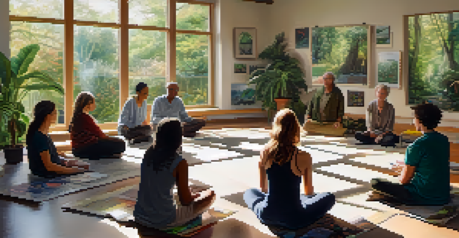 A diverse group of individuals seated in a circle in a warmly lit workshop, discussing responsible entheogen use.