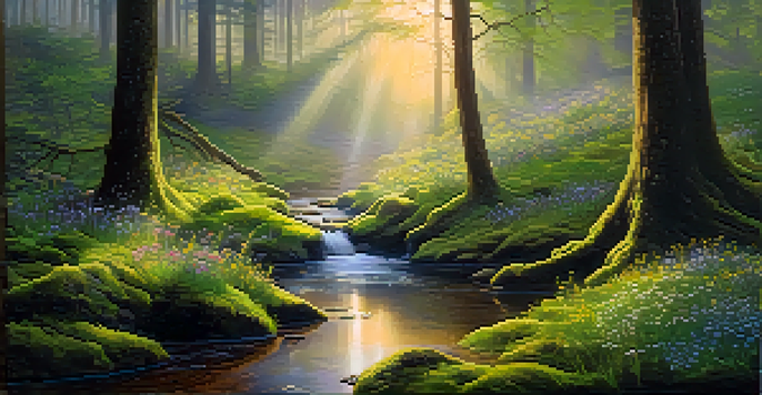 A peaceful forest at dawn with sunlight filtering through trees, moss-covered ground, colorful wildflowers, and a gently flowing stream.