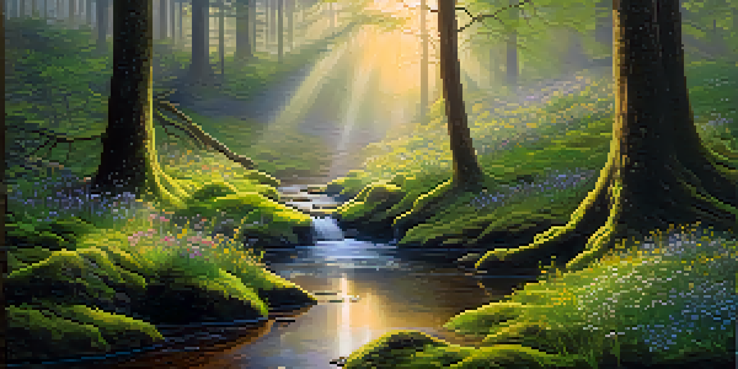 A peaceful forest at dawn with sunlight filtering through trees, moss-covered ground, colorful wildflowers, and a gently flowing stream.