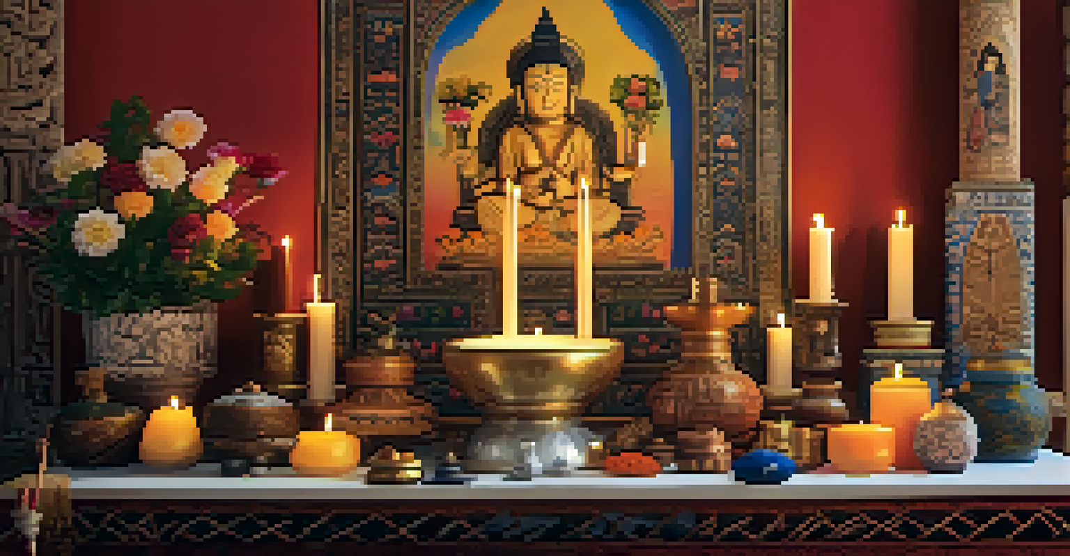A close-up of an altar with candles, flowers, and cultural artifacts, softly illuminated to enhance the textures and colors.